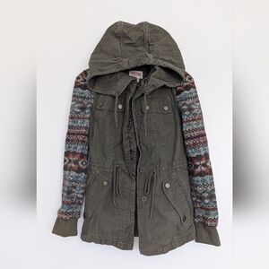 Mossimo Supply Co. Olive Utility Jacket with Patterned Sleeves